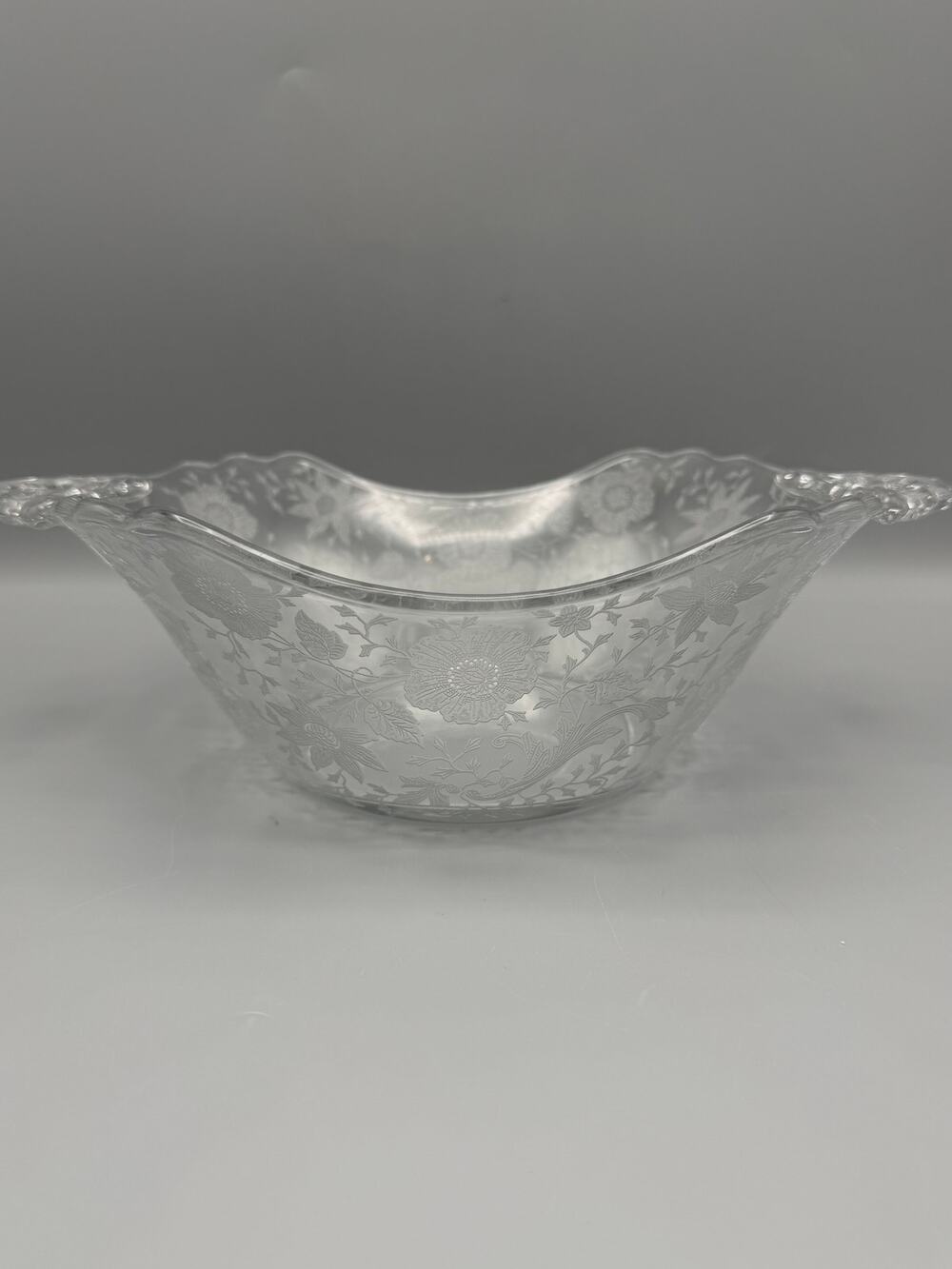 Cambridge Glass Wildflower Etched Bonbon Candy Bowl Scalloped Floral Vintage